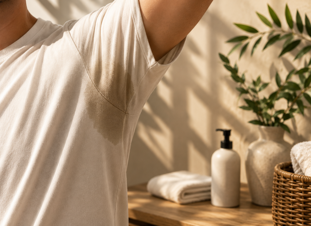 Person with visible underarm sweat stain before using Stay Fresh natural deodorant