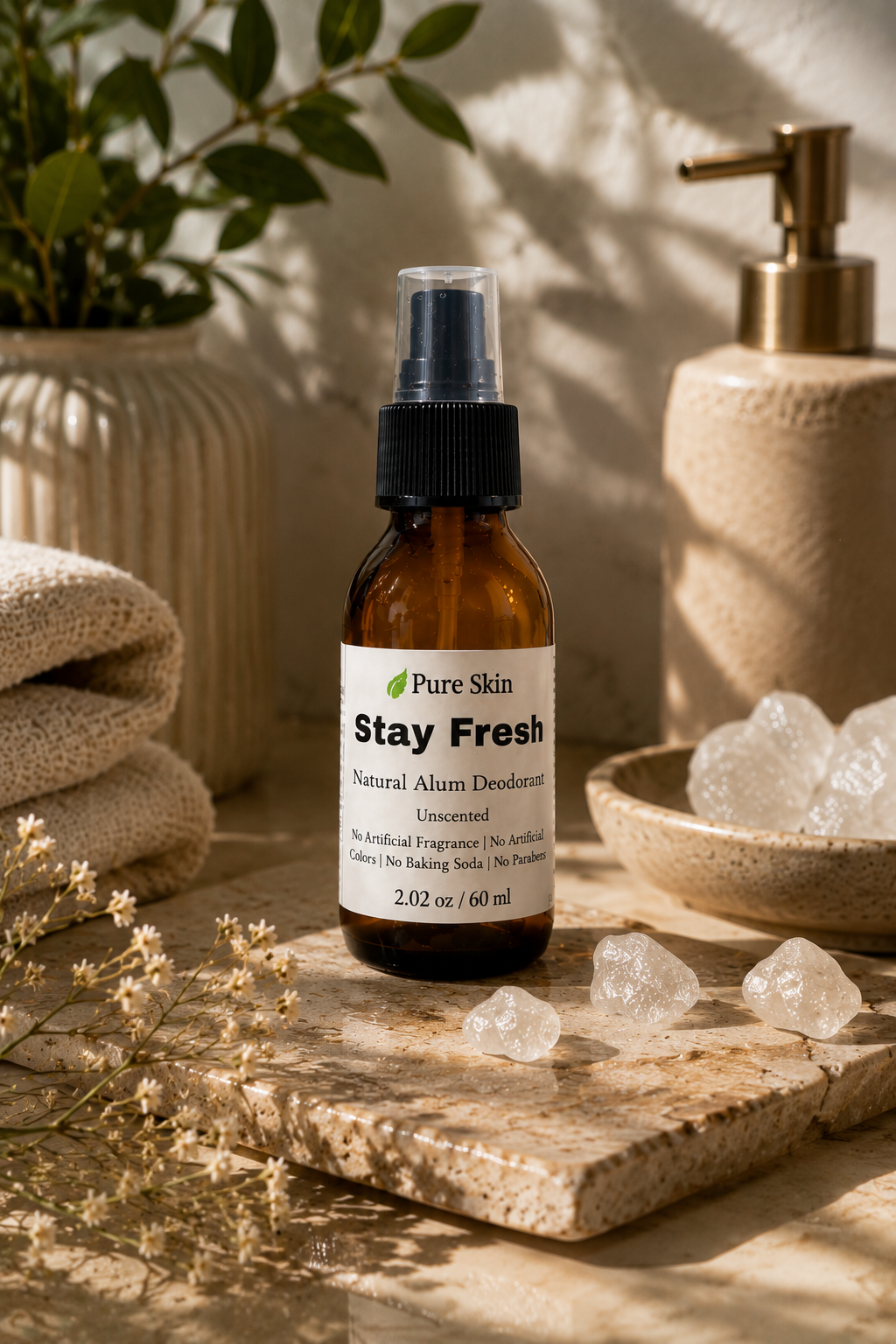 Stay Fresh Natural Alum Deodorant Spray - amber glass bottle by Pure Skin
